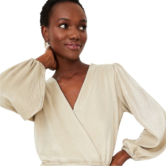 Ann Taylor | NWT | Metallic Pleated Faux Wrap Dress | XSP Petite - Picture 3 of 11